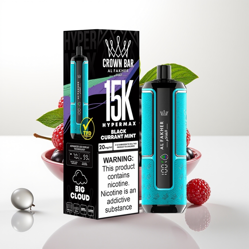 Al Fakher Crown Bar 15K Hypermax Jednokratna Vape Pen – 22ml, 15 000 puha, DTL, 6mg/ml, Crni ribiz metvica