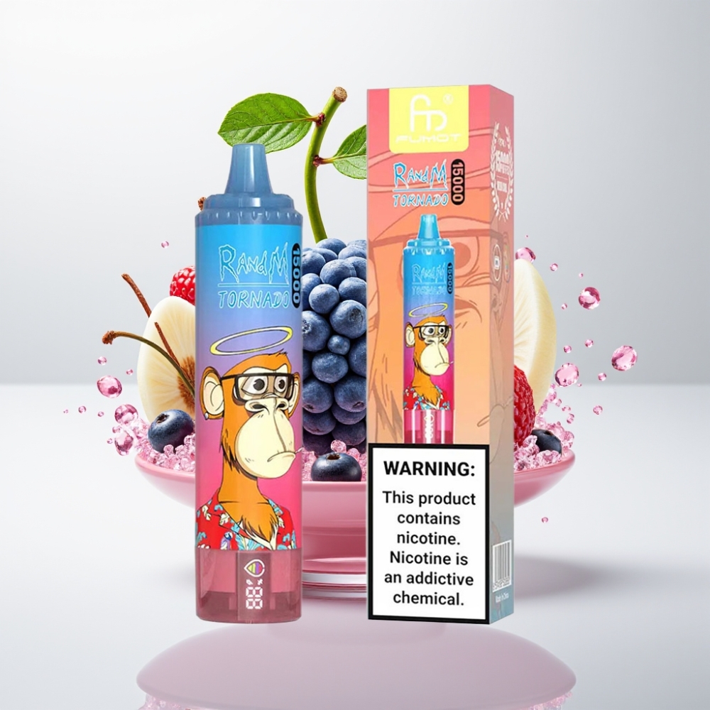 RandM Fumot Tornado 15000 Puffs Dispozabilna Vape Plava Malina Trešnja, 25ml, 850mAh, Mesh Coil, Type-C, LCD