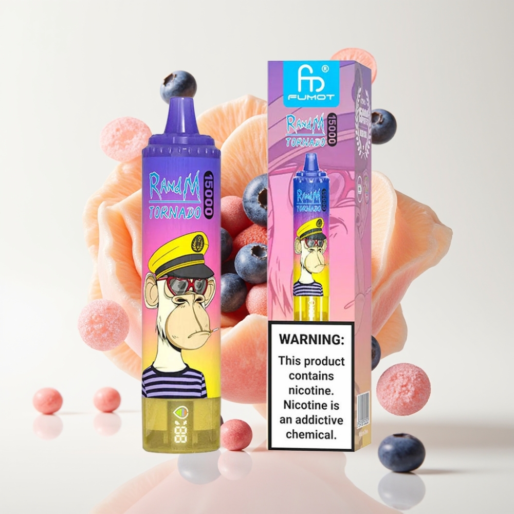RandM Fumot Tornado 15000 Puffs Jednokratna Vape Breskva Borovnica Bombica – 25ml, 850mAh, Mesh Coil, LCD, Type-C