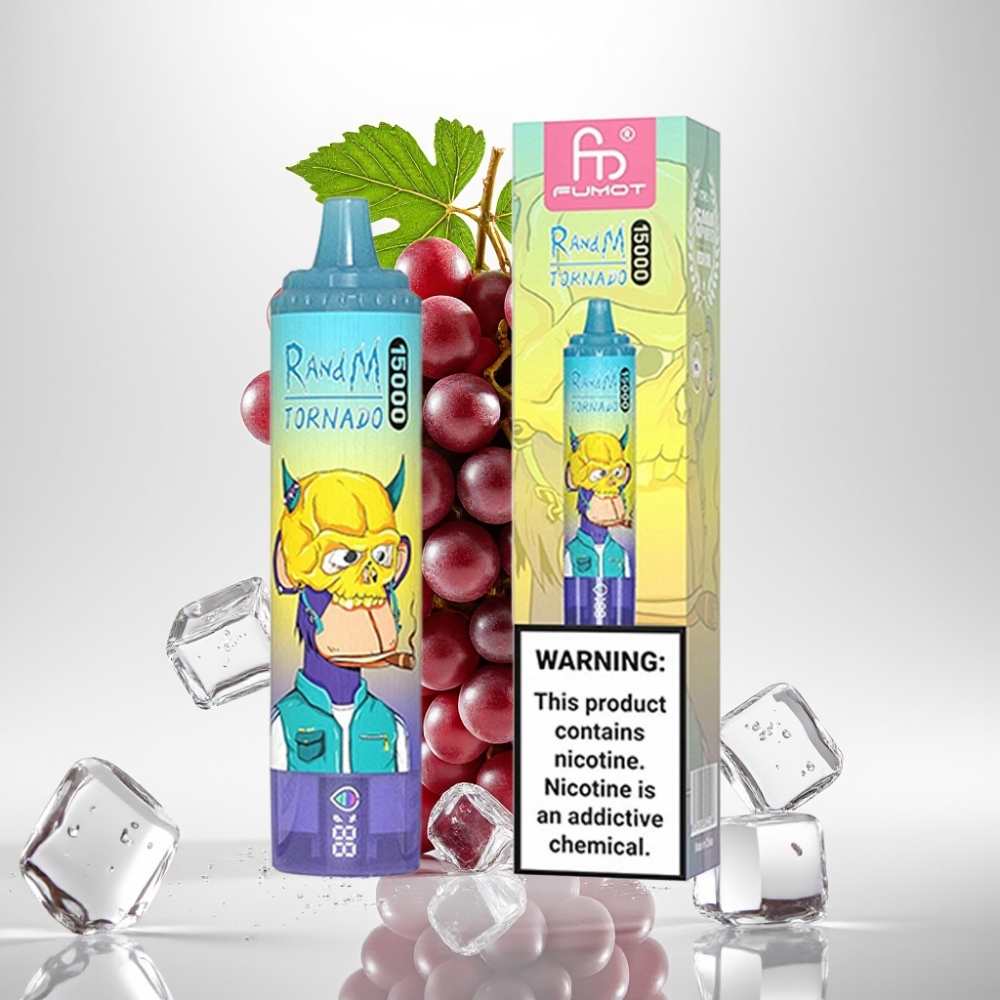 RandM Fumot Tornado 15000 Pufova Jednokratna Vape Grožđe Led s 25ml tekućine, 850mAh baterija, Mesh Coil, LCD ekran, Type-C punjenje