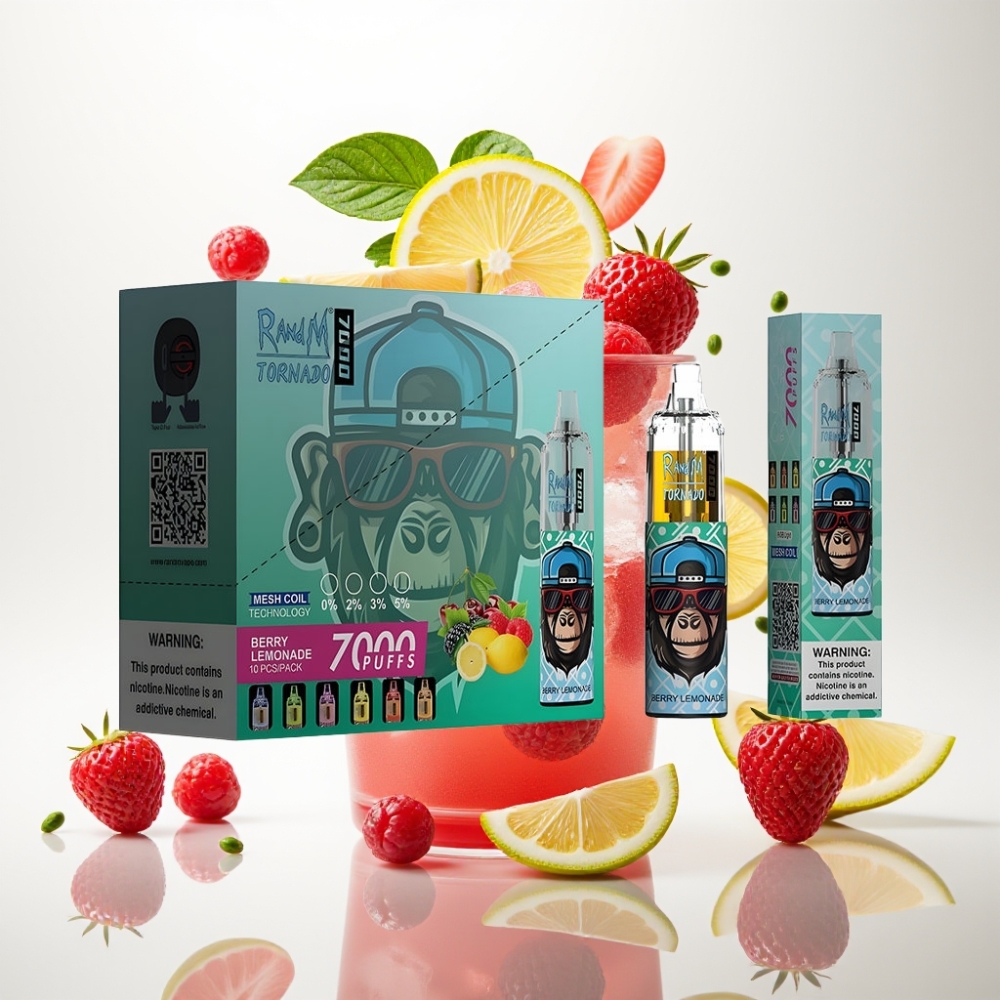 RandM Fumot Tornado 7000 Disposable Vape Jagoda Limunada – 7000 Puffova, 14 ML Tekućine, 850 MAH, Mesh Coil, Type-C, RGB, 0-5% Nikotina, Air-Adjustable