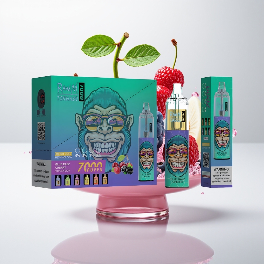 RandM Fumot Tornado 7000 Disposable Vape Plava Malina Trešnja - 7000 Puffova, 14 ML Tekućine, 850 MAH, Mesh Coil, Type-C, RGB, 0-5% Nikotina, Air-Adjustable