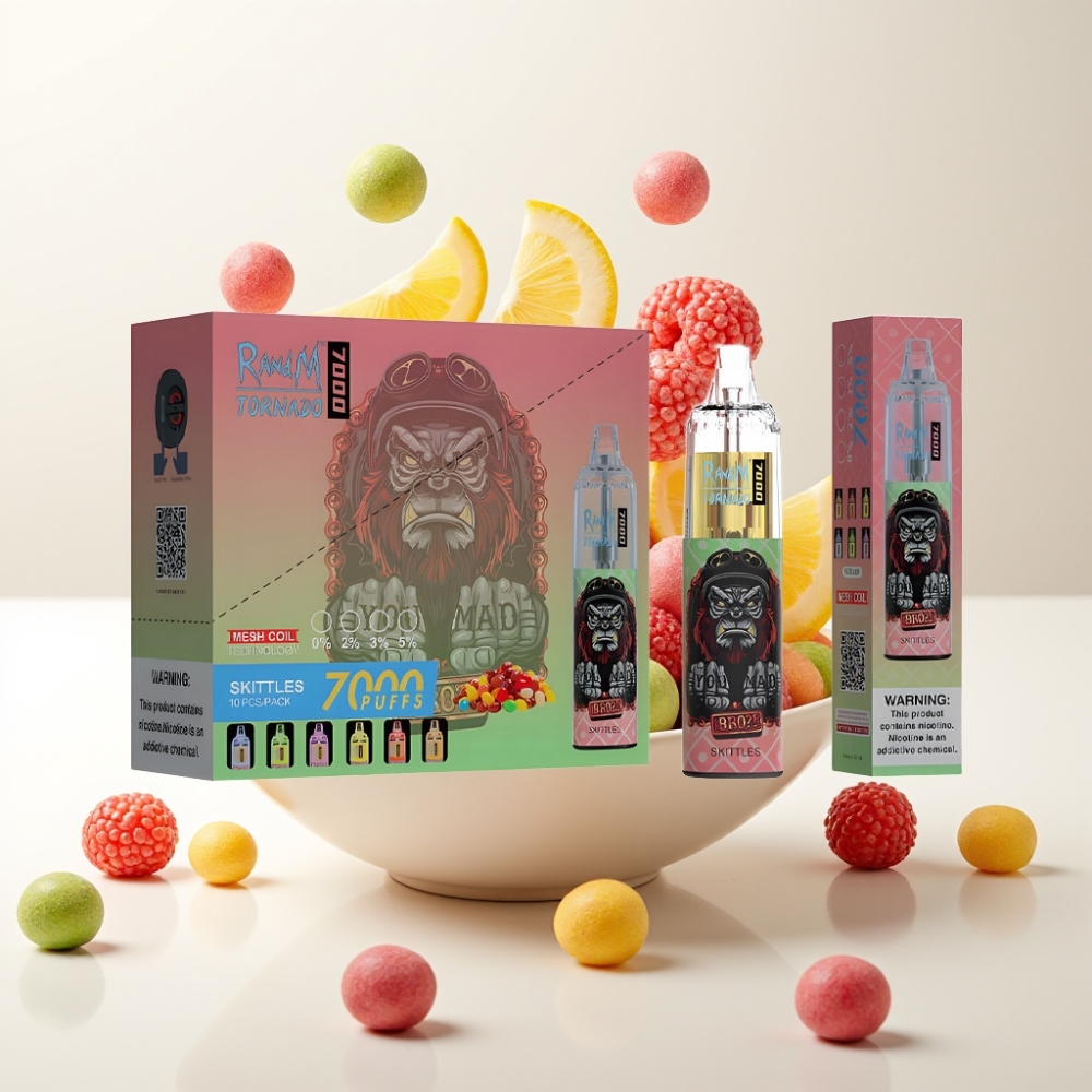 RandM Fumot Tornado 7000 Disposable Vape Skittles (Duga) – 7000 Puffova, 14 ML Tekućine, 850 MAH, Mesh Zavojnica, Type-C, RGB Svjetla, 0-5% Nikotina, Air-Adjustable
