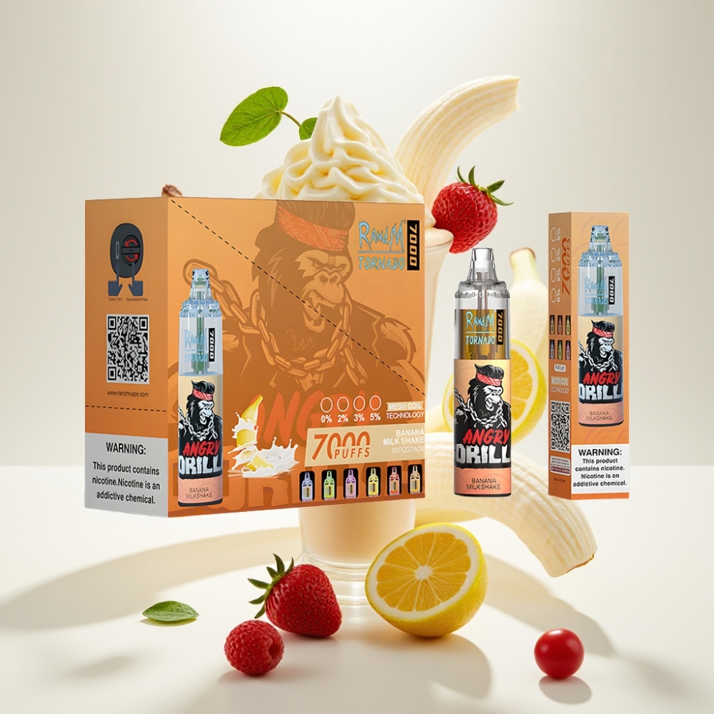 RandM Fumot Tornado 7000 Jednokratna Vape Banana Milkshake – 7000 Puffova, 14 ML Tekućine, 850 MAH, Mesh Coil, Type-C, RGB, 0-5% Nikotina, Air-Adjustable