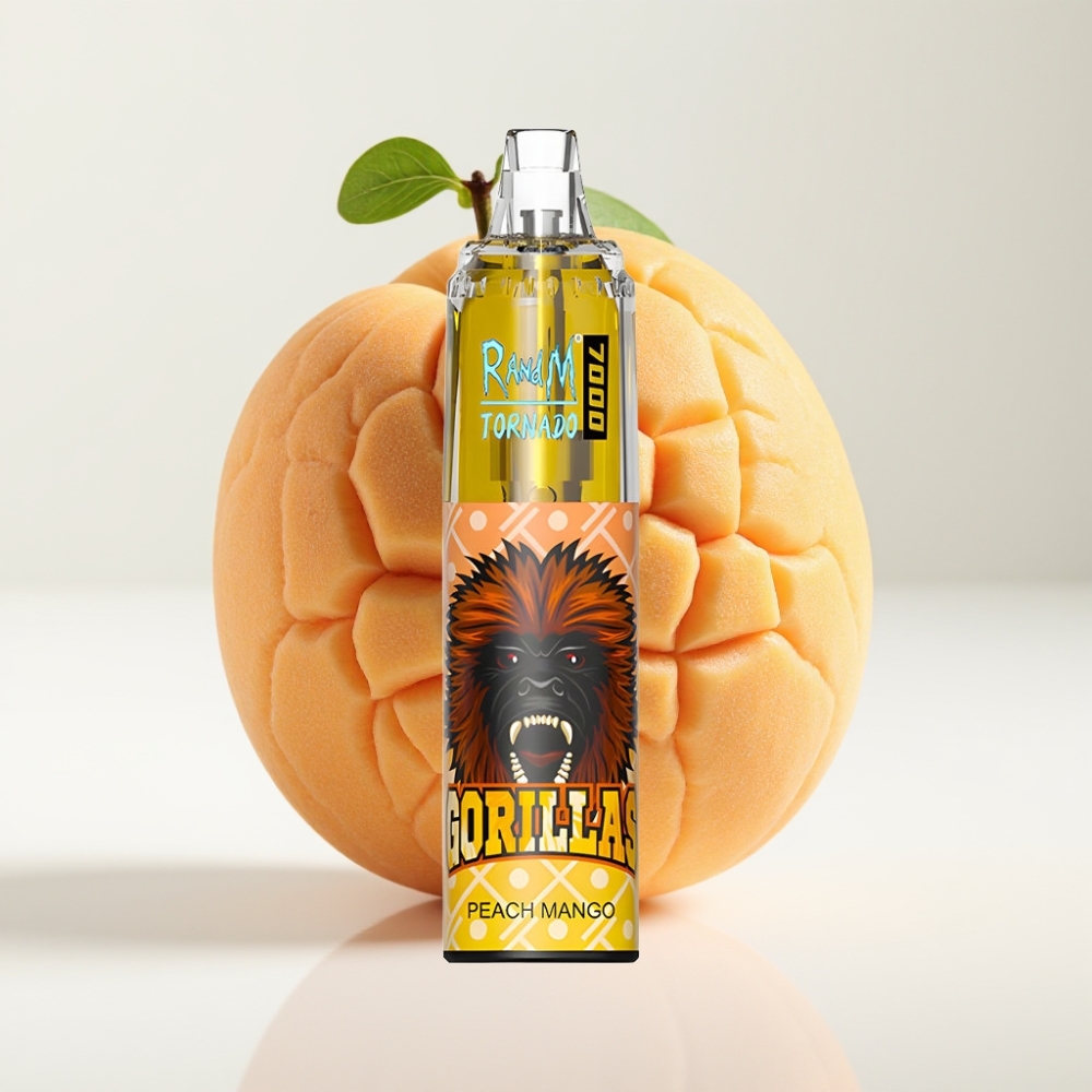 RandM Fumot Tornado 7000 Jednokratna Vape Breskva Mango – 7000 Puffova, 14 ML Tekućine, 850 MAH, Mesh Coil, Type-C, RGB, 0-5% Nikotina, Air-Adjustable
