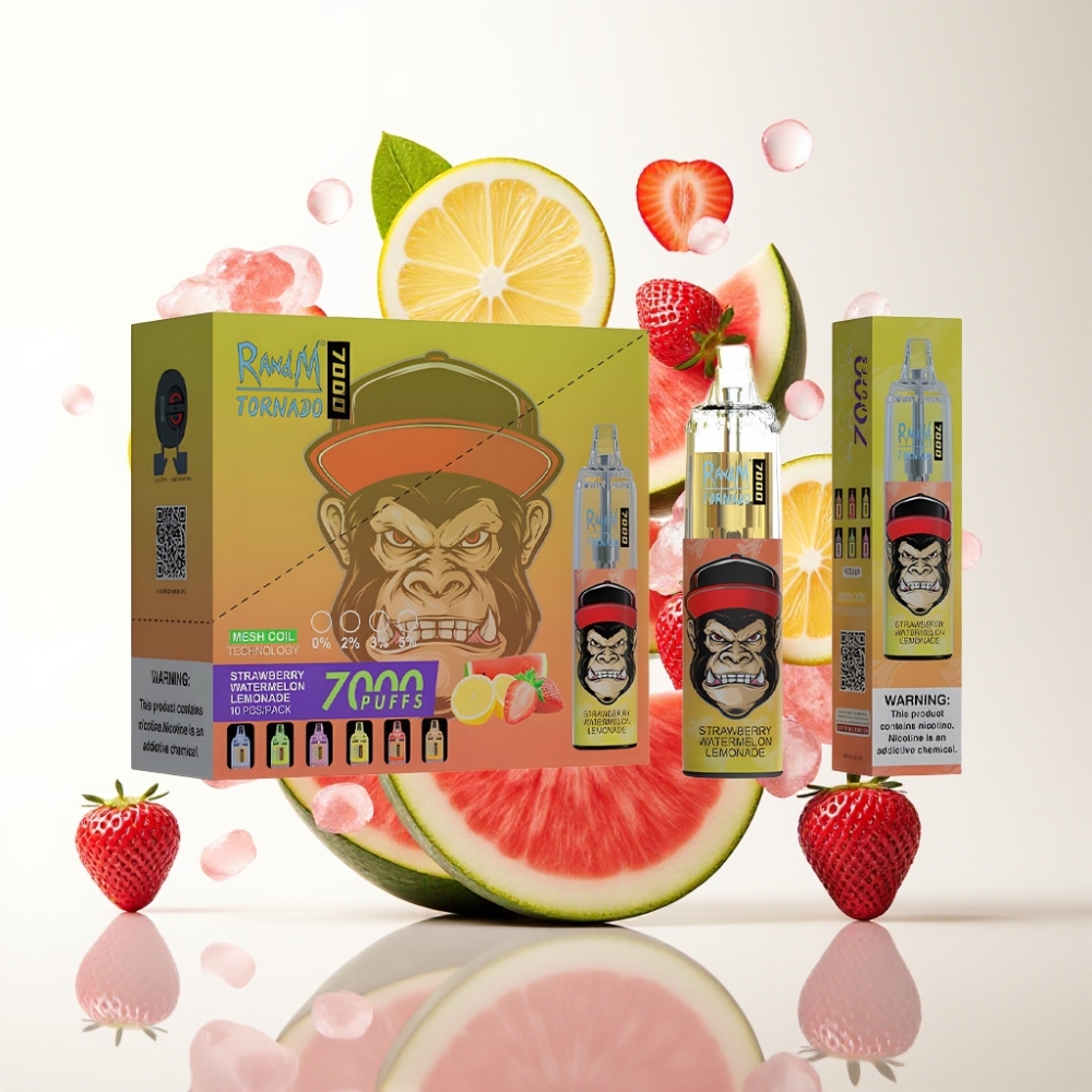 RandM Fumot Tornado 7000 Jednokratna Vape Jagoda Lubenica Limunada 7000 Puffova, 14 ML Tekućine, 850 MAH, Mesh Coil, Type-C, RGB, 0-5% Nikotina, Air-Adjustable