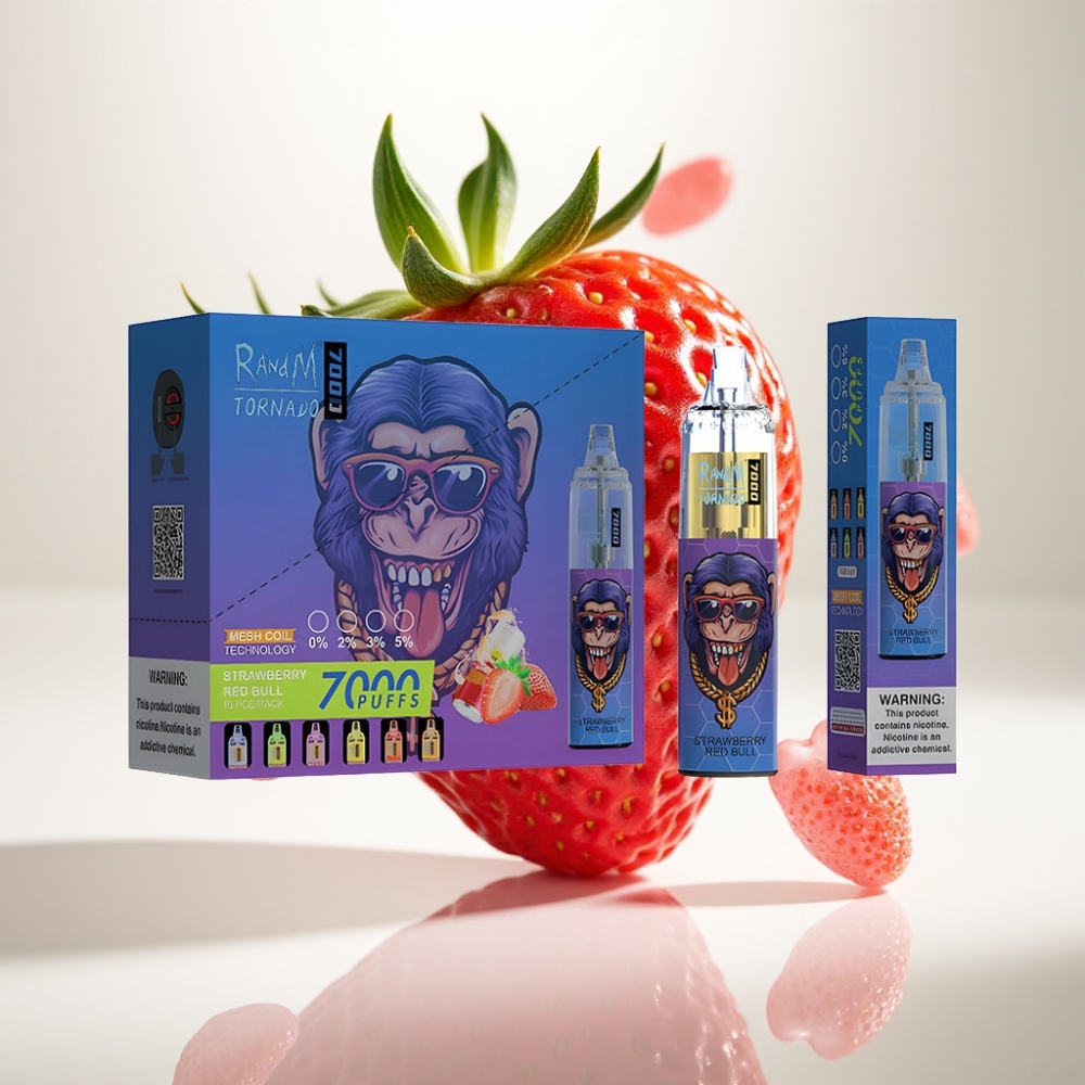 RandM Fumot Tornado 7000 Jednokratna Vape Jagoda Red Bull | 7000 Puffova, 14 ML Tekućine, 850 MAH, Mesh Coil, Type-C, RGB, 0-5% Nikotina, Air-Adjustable