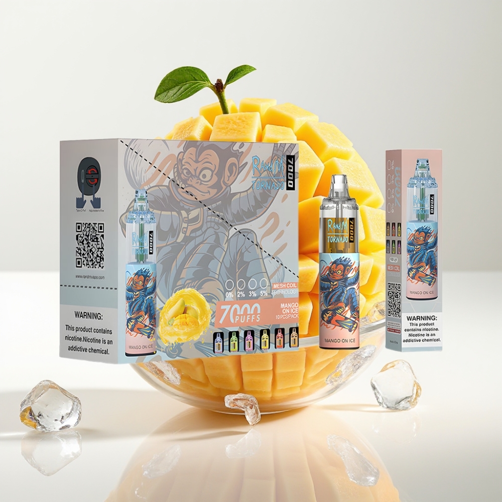 RandM Fumot Tornado 7000 Jednokratna Vape Mango Na Ledu – 7000 Puffova, 14 ML Tekućine, 850 MAH, Mesh Zavojnica, Type-C, RGB, Podešavanje Zraka