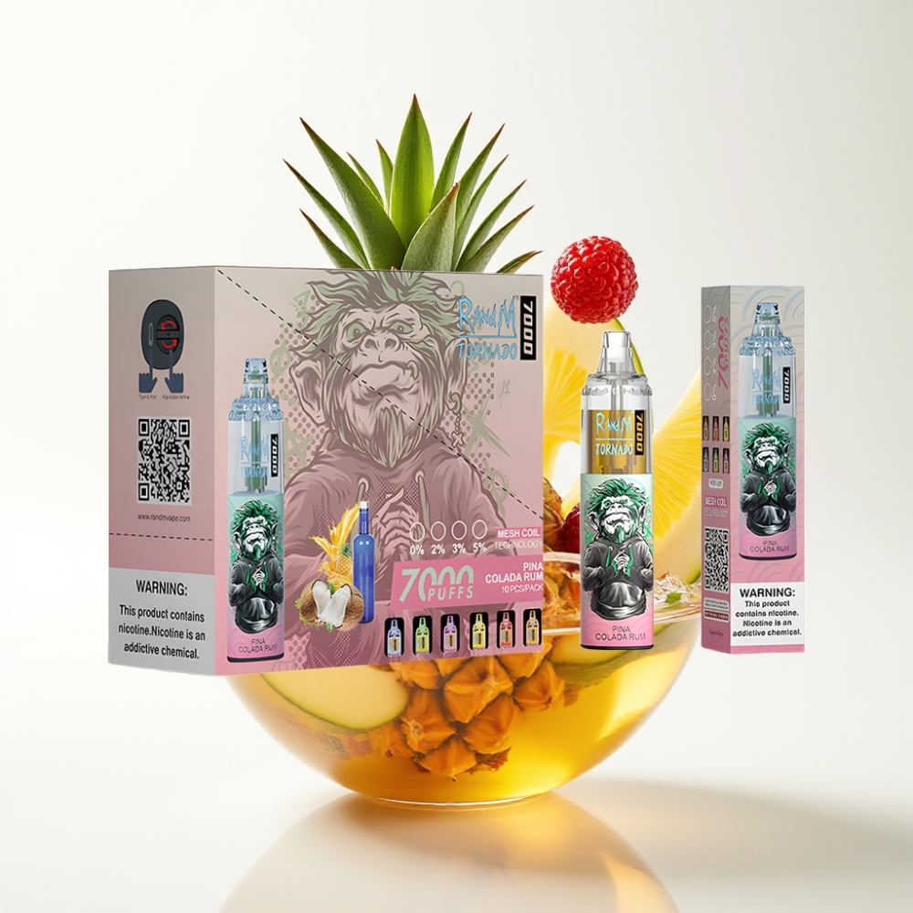 RandM Fumot Tornado 7000 Jednokratna Vape Pina Kolada Rum – 7000 Puffova, 14 ML Tekutine, 850 MAH, Mesh Zavojnica, Type-C, RGB Svjetlo, 0-5% Nikotina, Podesivi Zrak