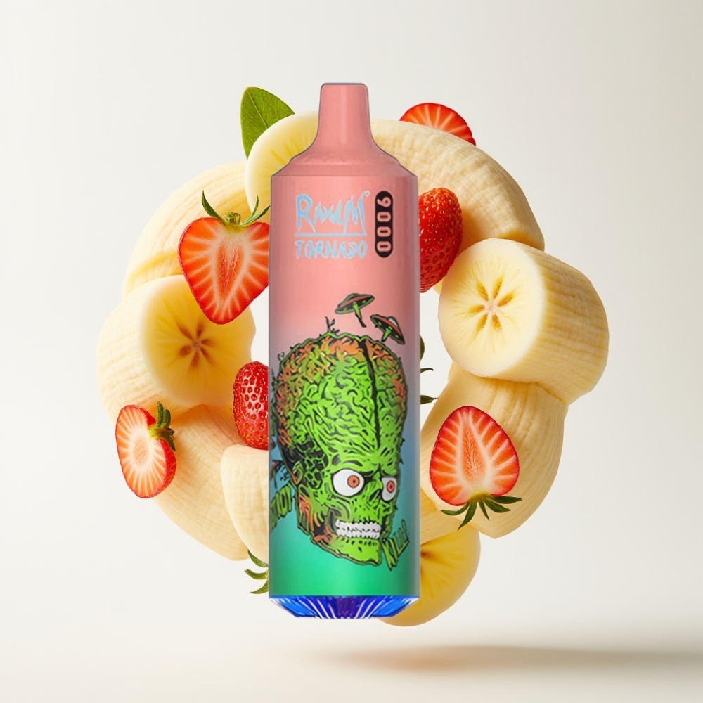 RandM Fumot Tornado 9000 Puffs Jednokratna Vape Jagoda-Banana 54 Okusa, 18 mL, 850 mAh, Mesh Coil, RGB Display