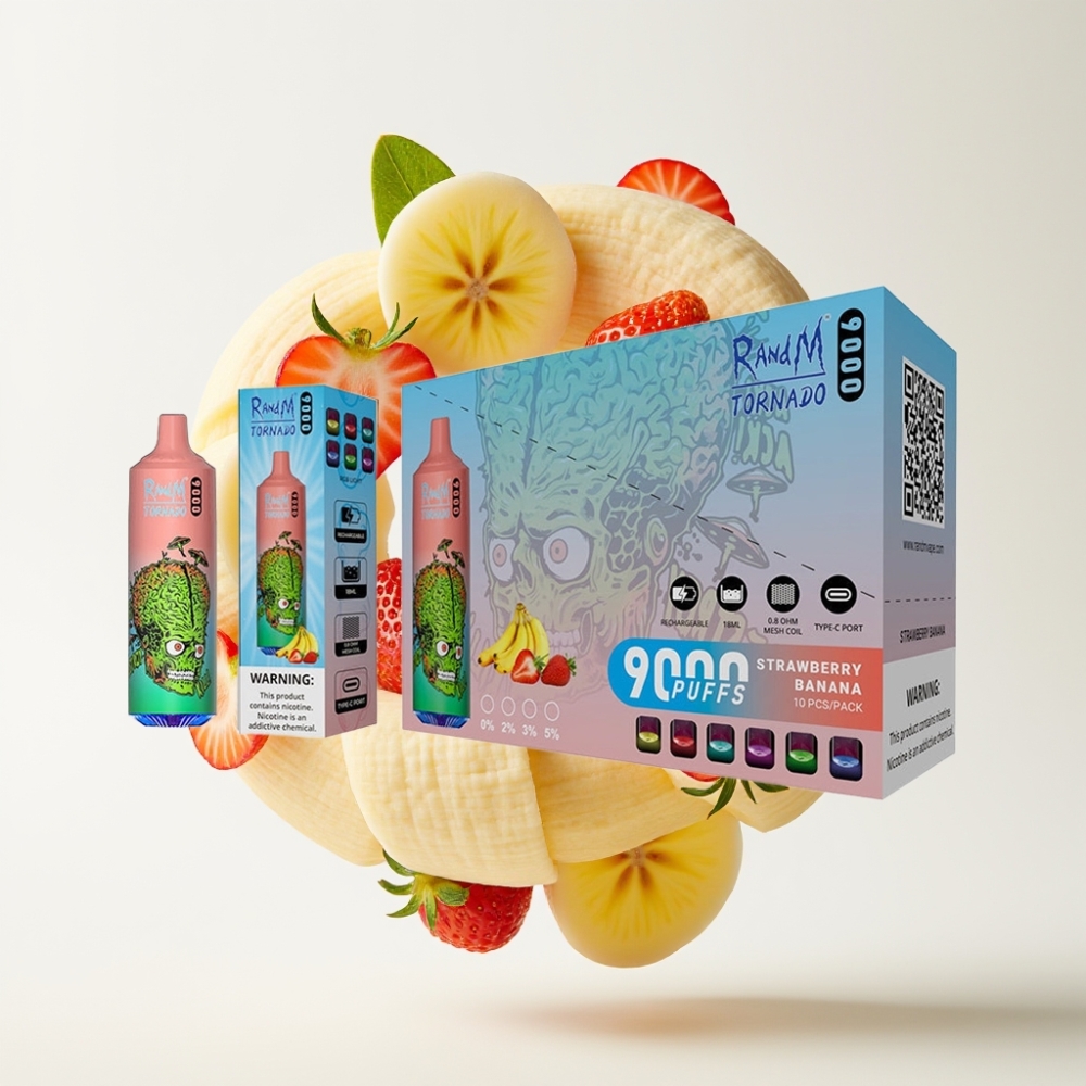 RandM Fumot Tornado 9000 Puffs Jednokratna Vape Jagoda-Banana 54 Okusa, 18 mL, 850 mAh, Mesh Coil, RGB Display