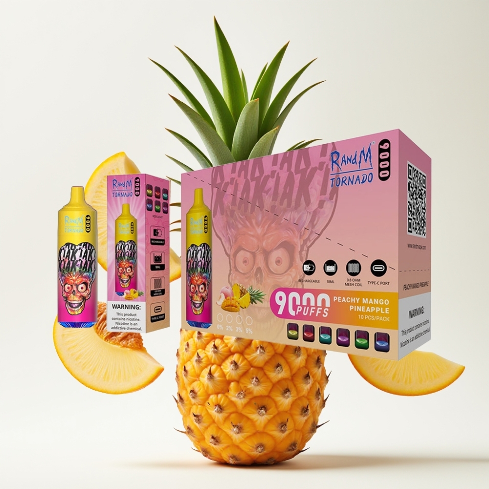 RandM Tornado 9000 Puffs – 850 mAh, 18 mL, Mesh Coil, RGB Display, 54 Okusa (Breskva Mango Ananas)