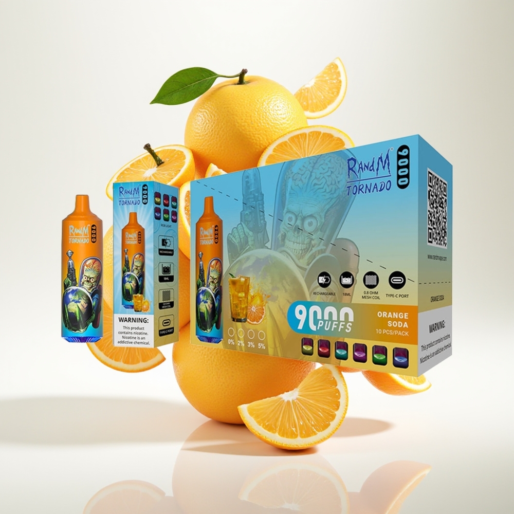 RandM Tornado 9000 Puffs – 850 mAh Punjen, 18 mL Tekućine, Mesh Coil, RGB Display, 54 Okusa – Narančasta Soda