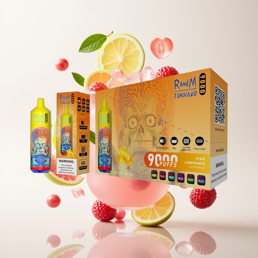 RandM Tornado 9000 Puffs – 850 mAh Punjenje, 18 mL Tekućina, Mrežasti Coil, RGB Display, 54 Okusa – Ružičasti Limunada
