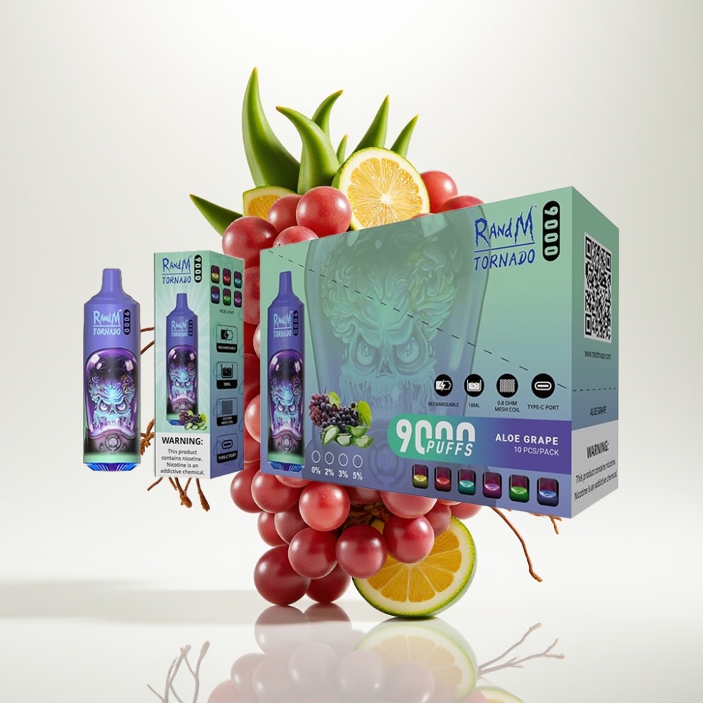 RandM Tornado 9000 Pufova – 850 mAh, 18 mL, Mesh Coil, RGB Display, 54 Okusa (Aloe Grožđe)