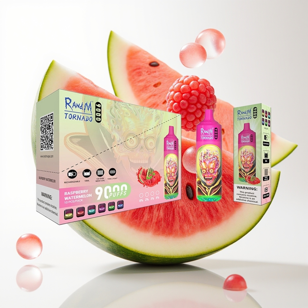 RandM Tornado 9000 Pufova – 850 mAh, 18 mL, Mesh Coil, RGB Display, 54 Okusa – Malina Lubenica