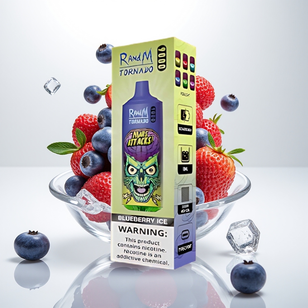 RandM Tornado 9000 Pufova – 850 mAh Baterija, 18 mL Tekućine, Mrežasti Coil, RGB Display, 54 Okusa – Borovnica Led