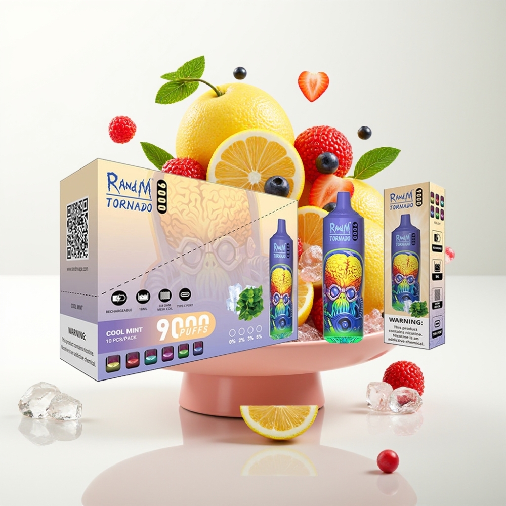 RandM Tornado 9000 Pufova – 850 mAh Baterija, 18 mL Tekućine, Mrežasti Coil, RGB Ekran, 54 Okusa
