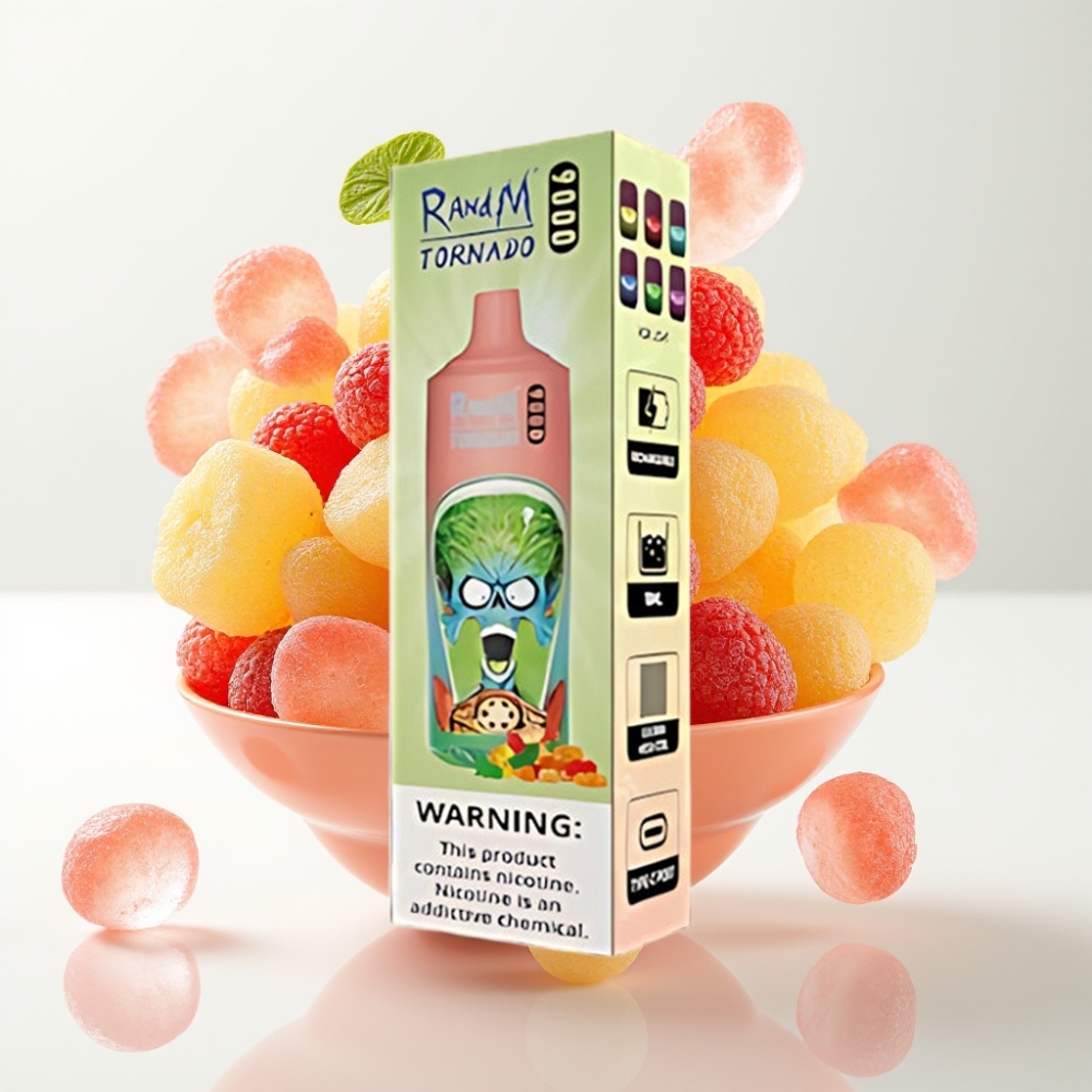 RandM Tornado 9000 Pufova – 850 mAh Punjiva, 18 mL Tekućine, Mrežasti Coil, RGB Display, 54 Okusa – Gumeni Medvjedić