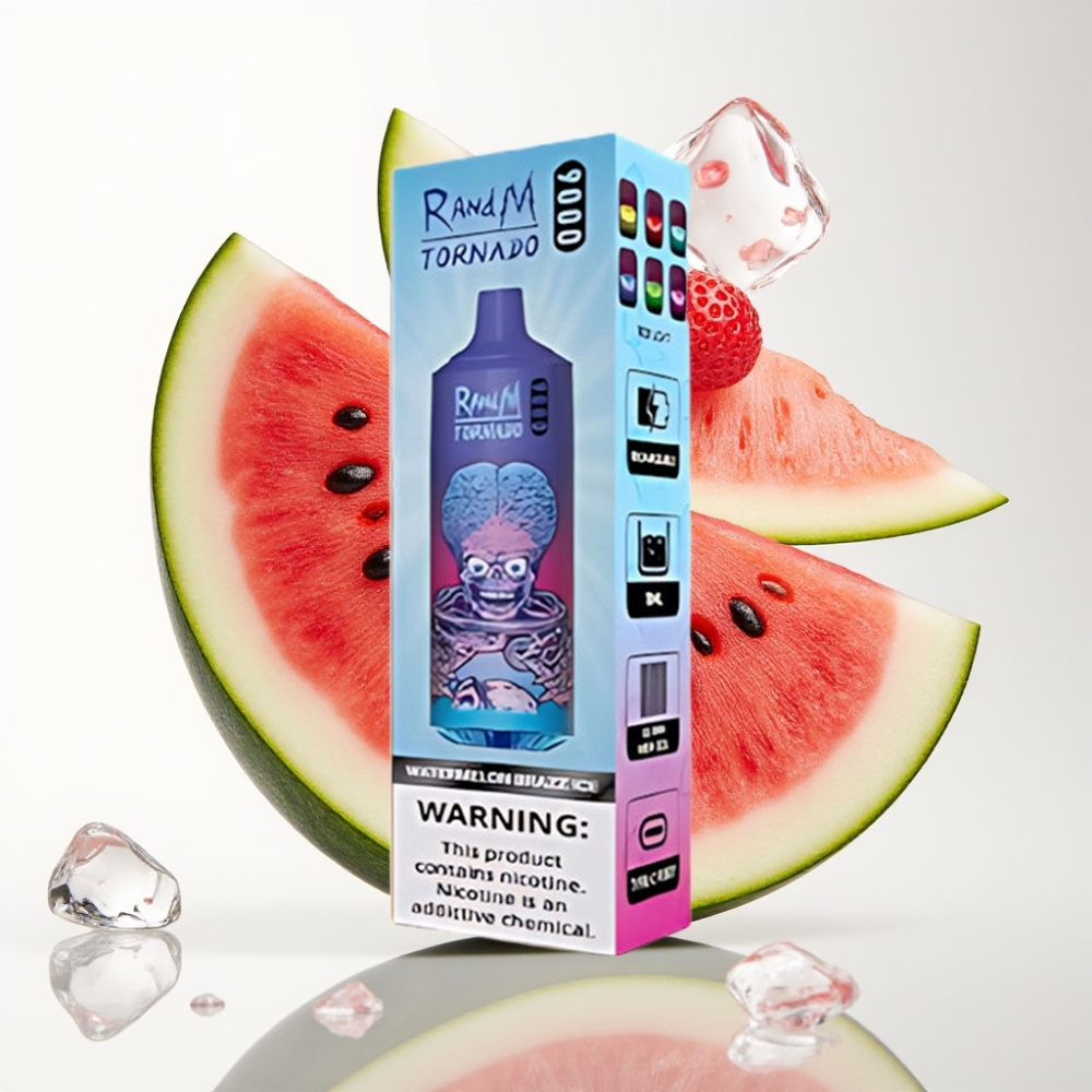 RandM Tornado 9000 Pufova – 850 mAh Punjiva Baterija, 18 mL Tekućine, Mrežasti Coil, RGB Display, 54 Okusa, Lubenica Brazz Ice