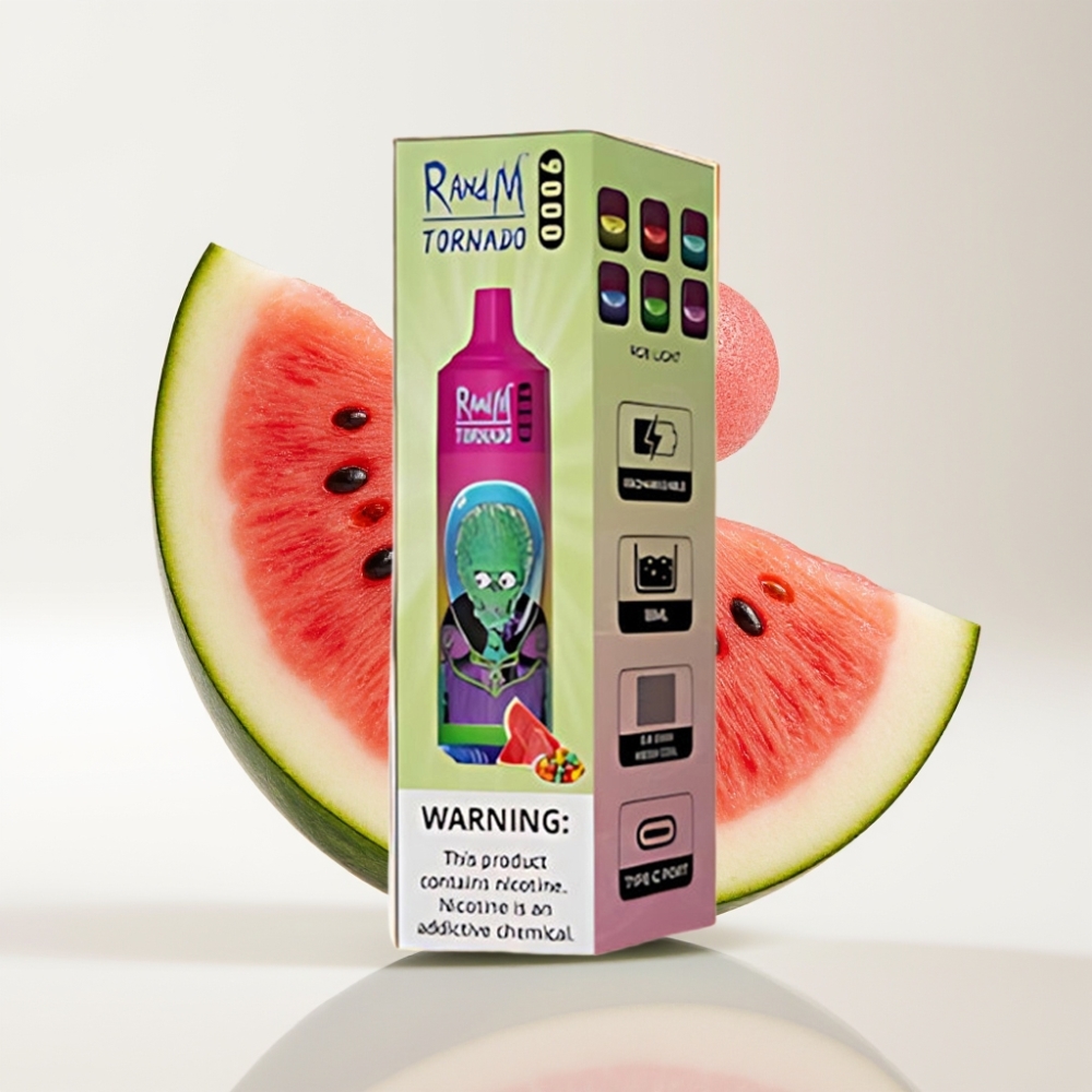 RandM Tornado 9000 Pufova – 850 mAh Punljiva Baterija, 18 mL Tekućine, Mrežasti Kalem, RGB Ekran, 54 Okusa – Bubica Lubenica