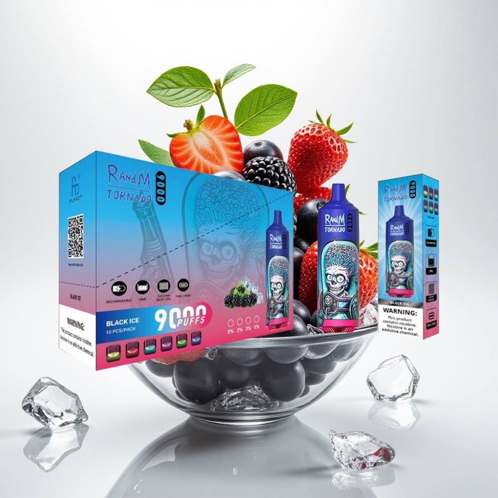 RandM Tornado 9000 Pufova – 9000 Pufova, 850 mAh, 18 mL, Mrežasti Coil, RGB Display, 54 Okusa, Crni Led