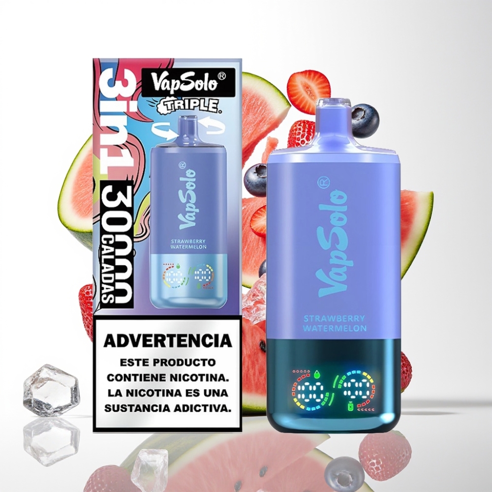 VapSolo Triple 30000 Puffs Disposable Vape Jagoda Lubenica & Borovnica Led (40ml, 20/50mg/ml, 3 spremnika, Type-C)