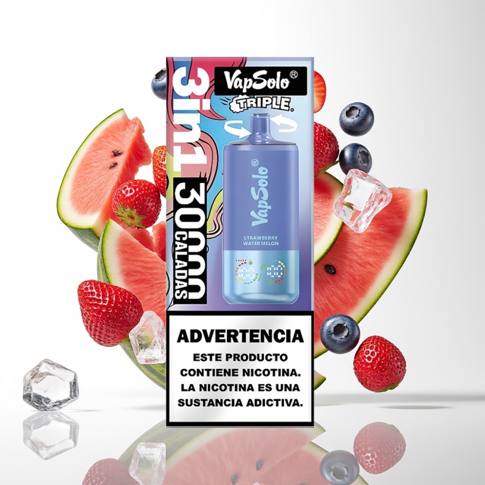 VapSolo Triple 30000 Puffs Disposable Vape Jagoda Lubenica & Borovnica Led (40ml, 20/50mg/ml, 3 spremnika, Type-C)