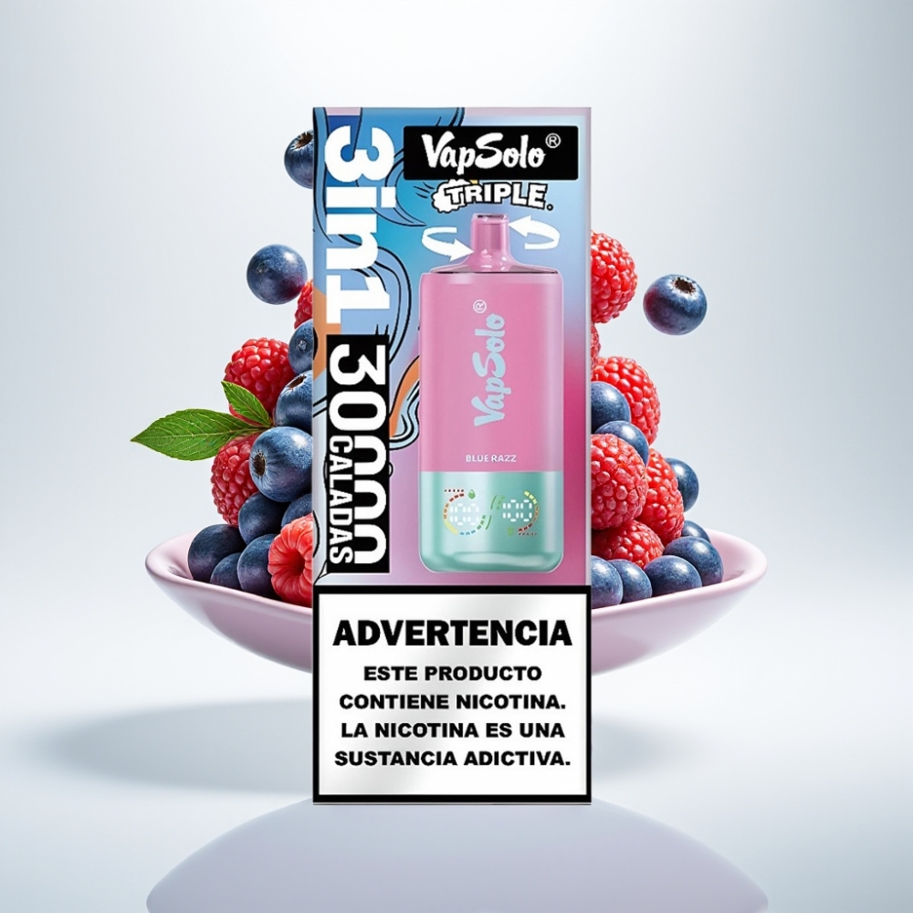 VapSolo Triple 30000 Puffs Disposable Vape Plavi Razz – 40ml, 20/50mg/ml, 3 spremnika, Type-C