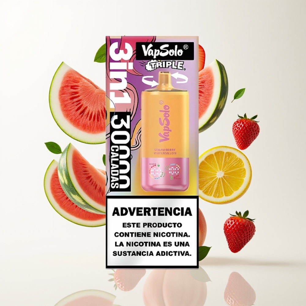 VapSolo Triple 30000 Puffs – Jagoda Lubenica & Limun Breskva – 40ml, 20/50mg/ml, 3 spremnika, Type-C