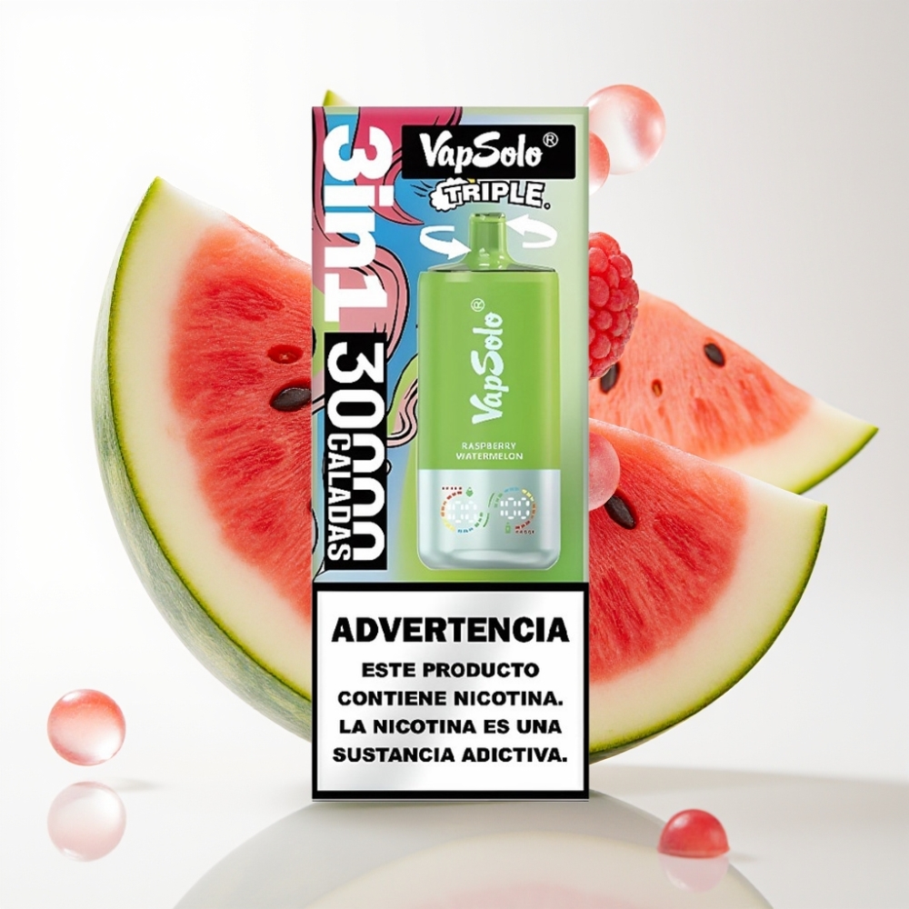 VapSolo Triple 30000 Puffs Jednokratna Vape Malina Lubenica | 40ml, 20/50 mg/ml, 3 spremnika, Type-C